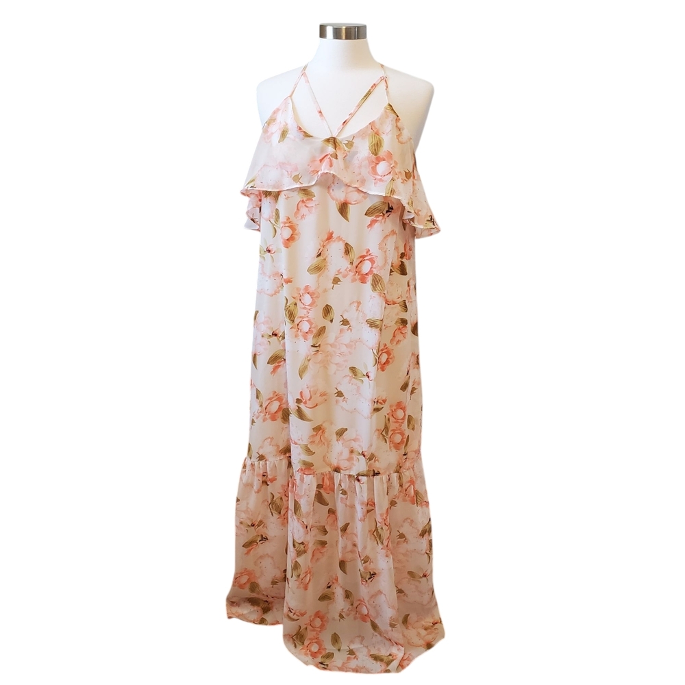 Entro Peach Floral Ruffle Detail Maxi Dress for Wedding